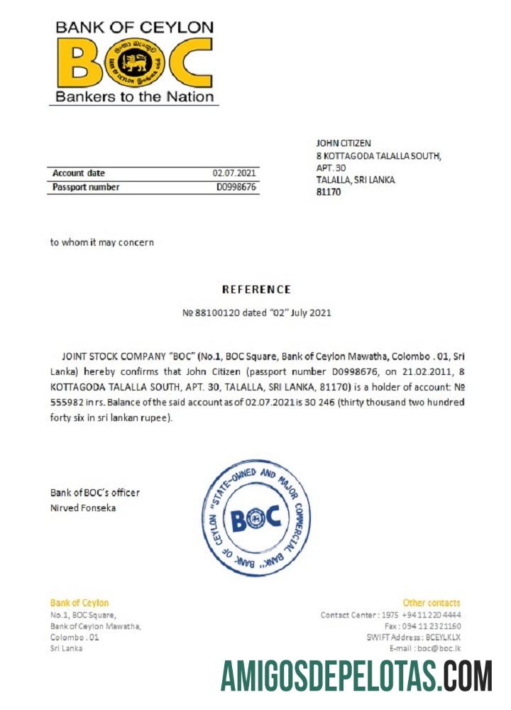 Referência BOC do Sri Lanka exemplo real